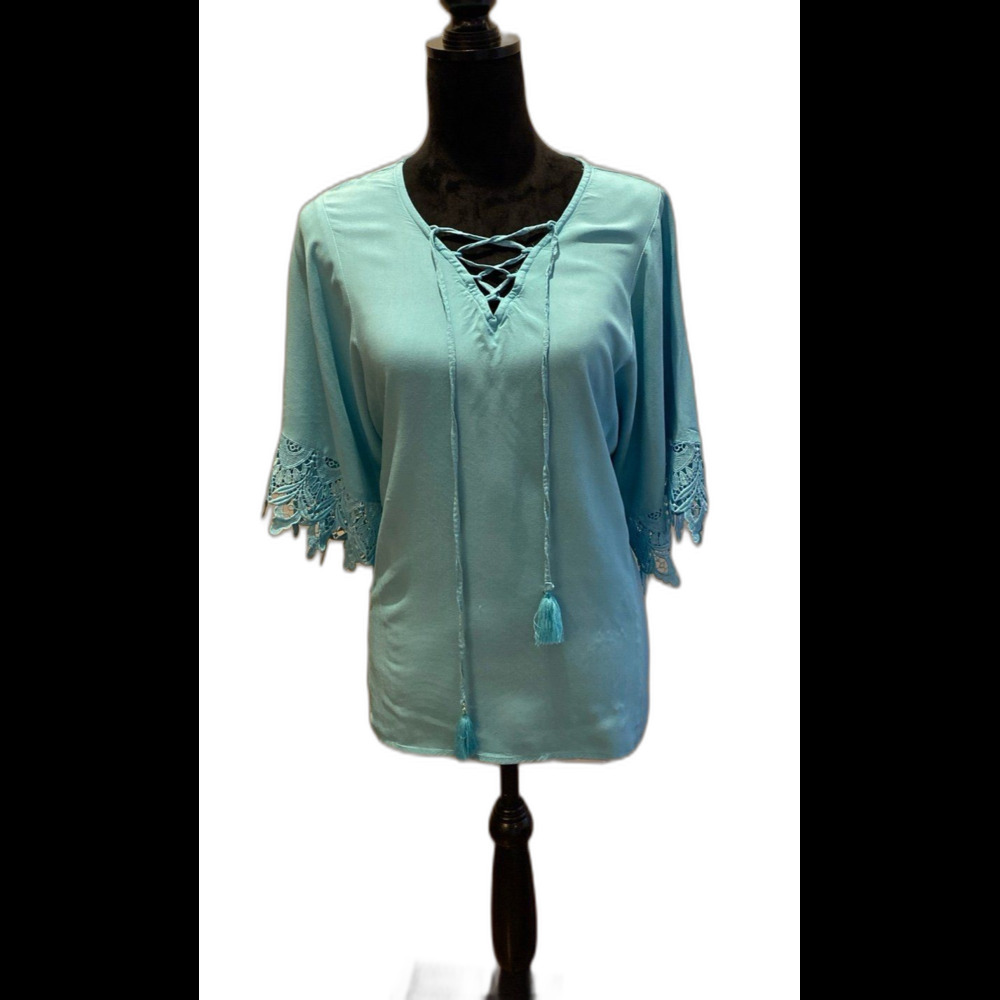 Est. 1946 Blouse Size Large Boho Peasant Turquoise Blue‎ Lace Short Sleeve Top